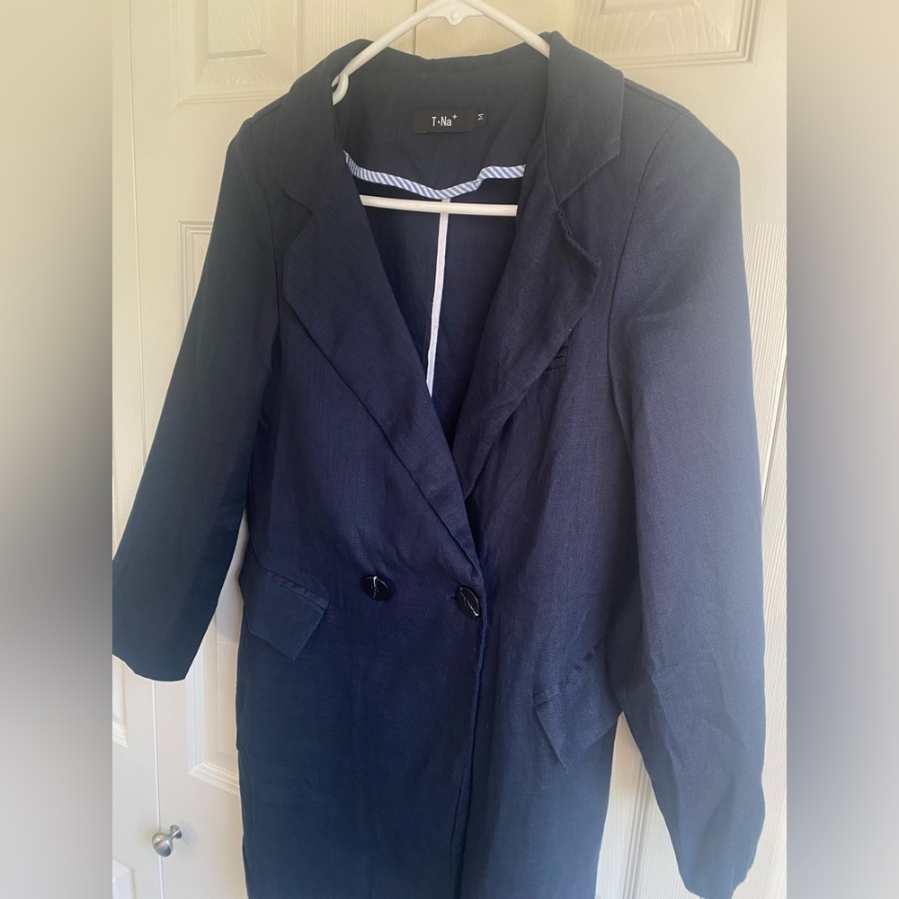 New Navy 100% Linen Long Blazer Jacket size M - Picture 2 of 6